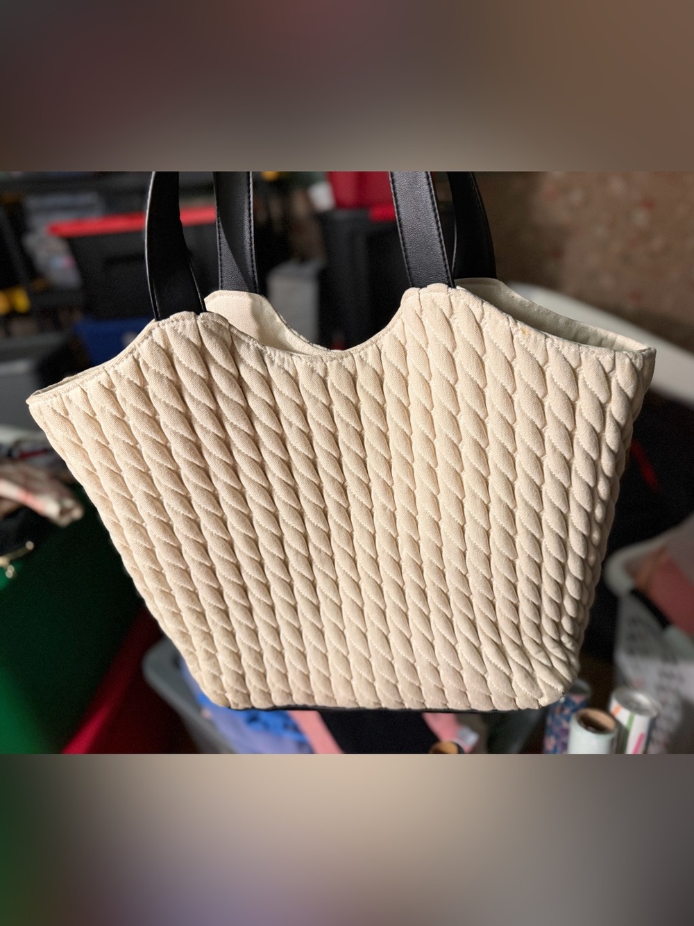 a new day Cream Quilted Tote with Black Handles
